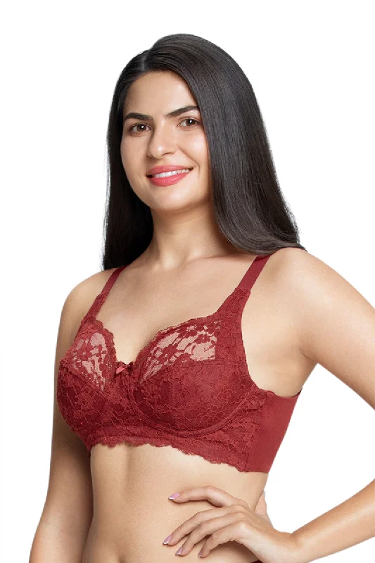 Cotton Lace Support Non Padded Non-Wired Bra - Port Wine