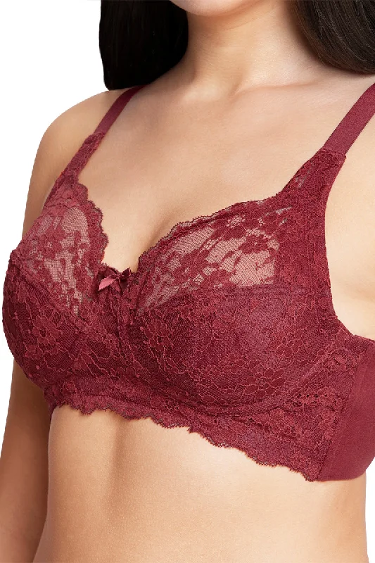 Cotton Lace Support Non Padded Non-Wired Bra - Port Wine