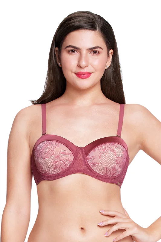 Satin Touch Strapless Padded wired Lace Bra - Autumn Rose