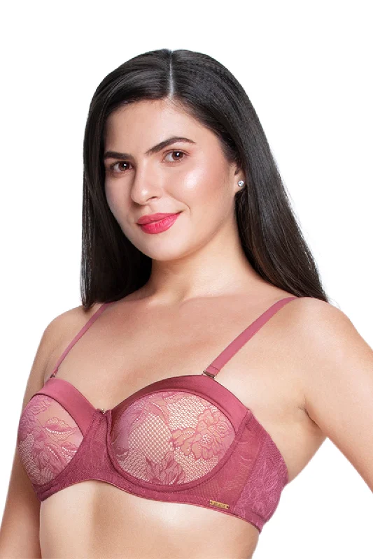 Satin Touch Strapless Padded wired Lace Bra - Autumn Rose