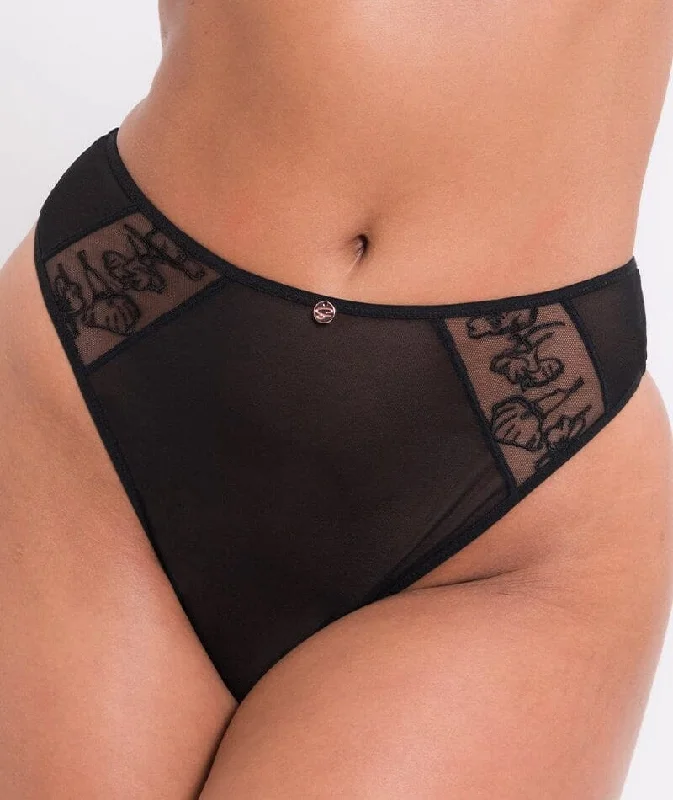 Scantilly Sheer Flora Deep Thong - Black