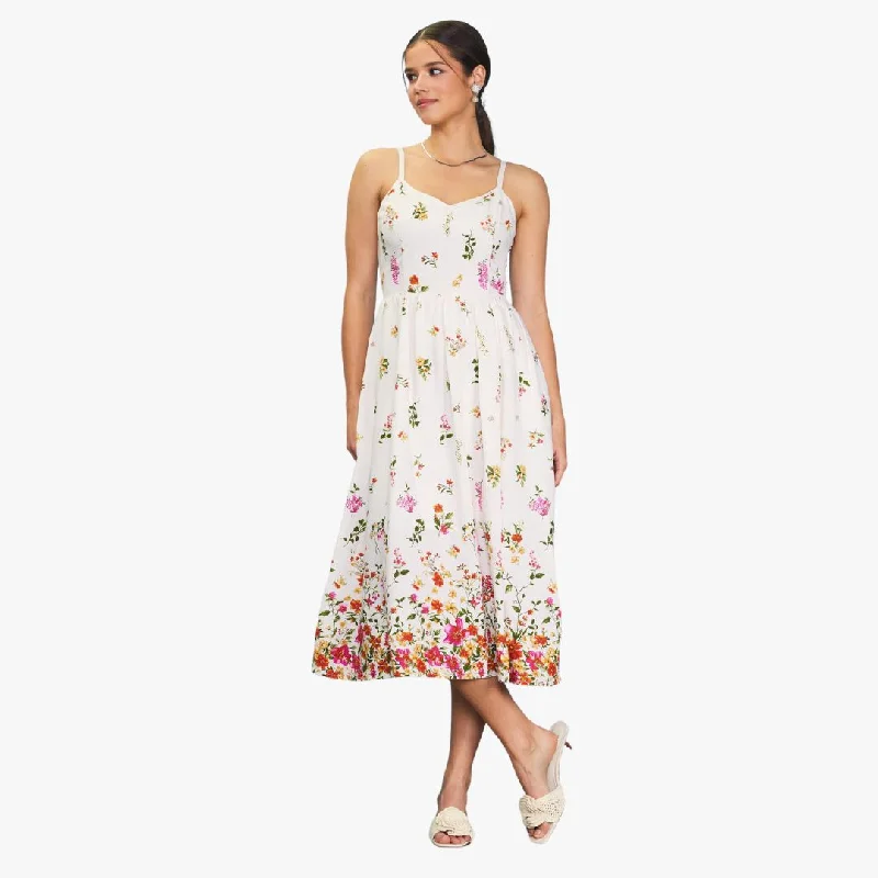 Floral Border Print Dress (Ivory + Red)