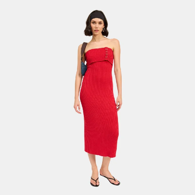 Fold Over Ribbed Tube Dress (Red)