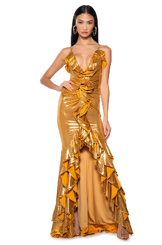 BELLE OF THE BALL METALLIC MAXI DRESS