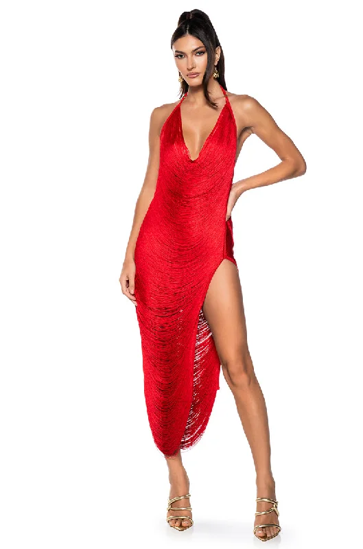 GIANINA FRINGED COWL NECK MAXI DRESS IN RED