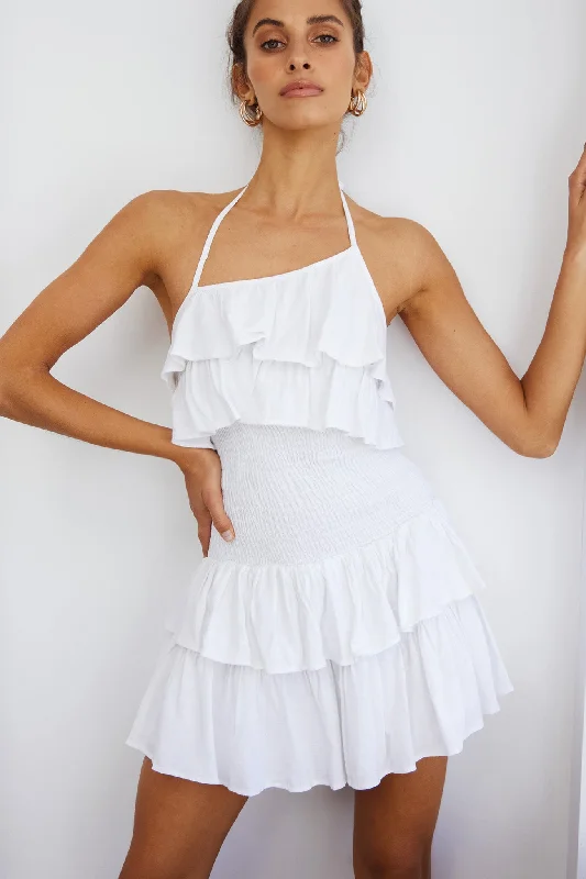 Kristy Halterneck Shirred Bodice Ruffle Mini Dress White