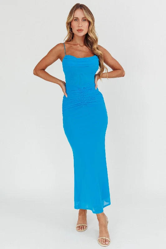 Morella Ruched Waist Mesh Maxi Dress Blue