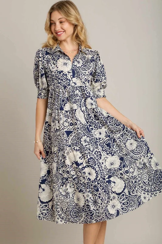 Paisley Party Navy Midi Dress