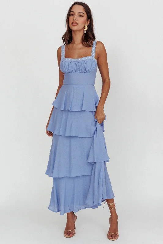 Provence Bloom Tiered Ruffle Maxi Dress Blue