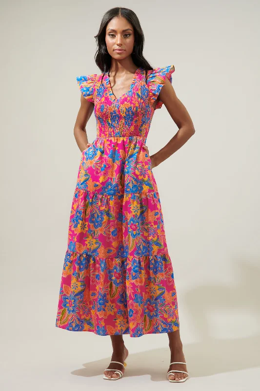 Ranchero Floral Sunfire Smocked Bodice Tiered Midi Dress