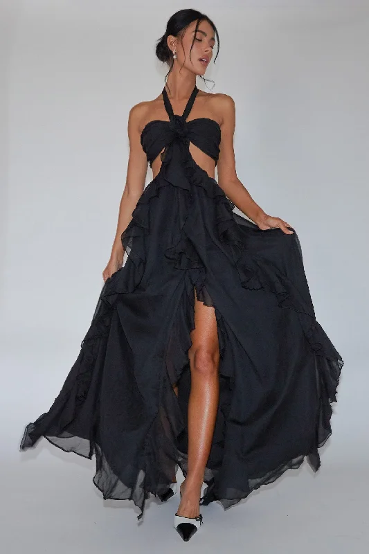 Santiago Cut-Out Ruffle Maxi Dress Black