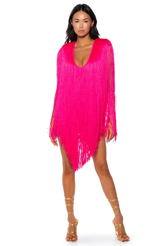 STEVIE DEEP V BANDAGE WITH FRINGE MINI DRESS