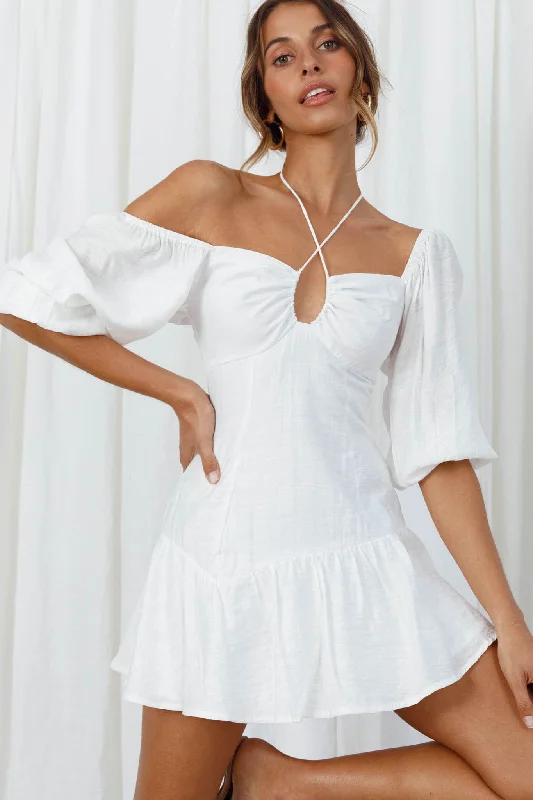 Summertime String-Tie Halterneck Puff Sleeve Mini Dress White