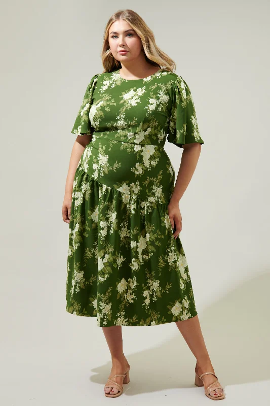 Vetiver Floral Rhythm Drape Midi Dress Curve