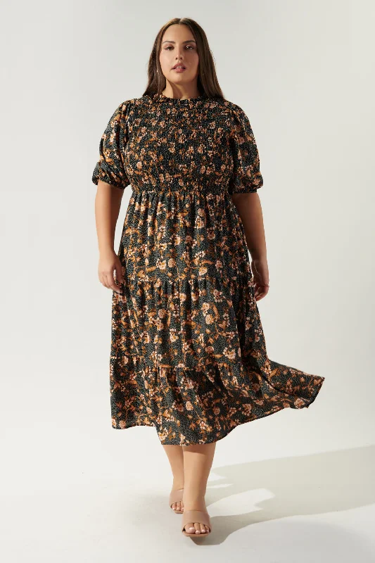 Zana Floral Dot Frazier Smocked Tiered Midi Dress Curve