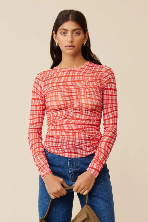 Ruby - Neptune Mesh Longsleeve Top, Red Tartan