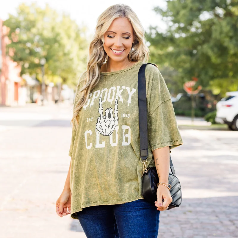 Spooky Club Acid Wash Boyfriend Tee, Golden Olive