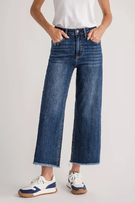 Risen Crop Raw Hem Wideleg Jeans