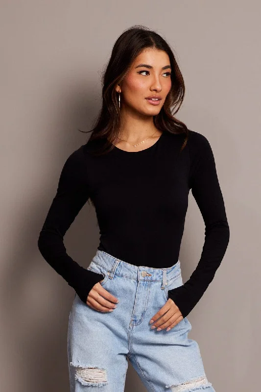 Black Bodysuit Long Sleeve Crew Neck Seamless