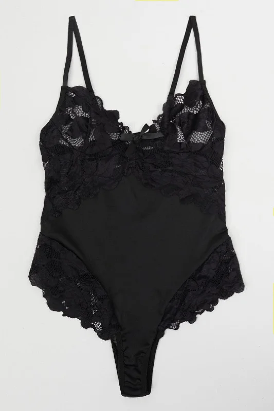 Black Lace Contrast Bodysuit Lingerie