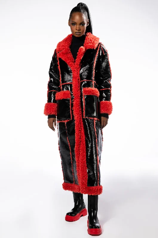 LONG PATENT TRENCH COAT WITH FUR TRIM