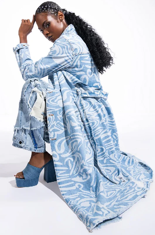 SWIRLY PRINTED DENIM TRENCH